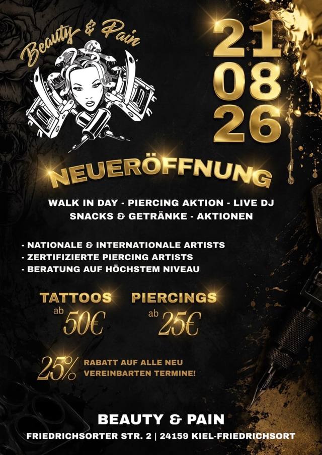 Flyer zur Neueröffnung von Beauty & Pain am 21.08.2026
